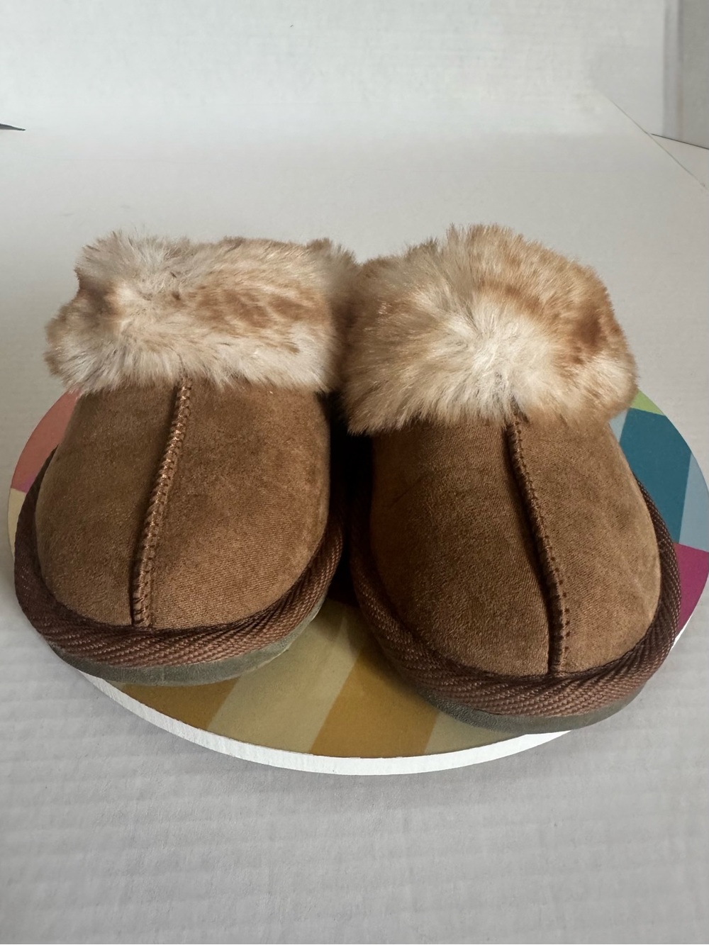 Girls Brown Suede Mule Slippers Faux Fur Lined Slip-On Closed Toe US 4.5